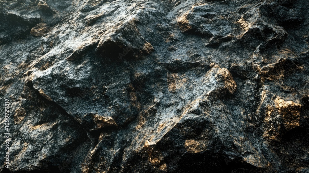 Poster the image features an intricate dark rock texture highlighting deep shadows that accentuate the roug