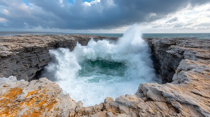 Fototapeta premium Ocean waves crash into rocky cove coastal landscape nature scene dynamic viewpoint