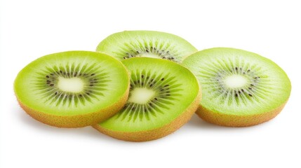 Fototapeta premium Freshly sliced kiwi fruit showcasing vibrant green flesh and distinctive black seeds against a clean white background.