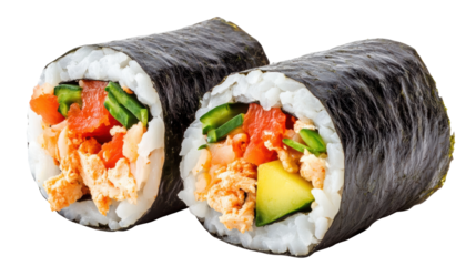 Spicy tuna sushi rolls wrapped in seaweed transparent PNG isolated on white background.