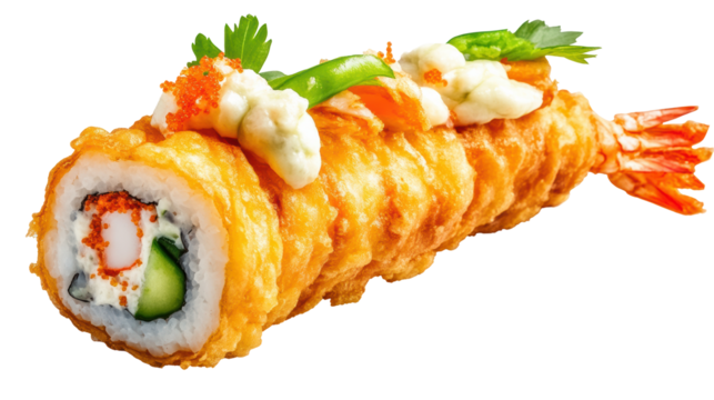 Tempura roll transparent PNG isolated on white background.