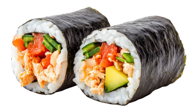 Spicy tuna sushi rolls wrapped in seaweed transparent PNG isolated on white background.