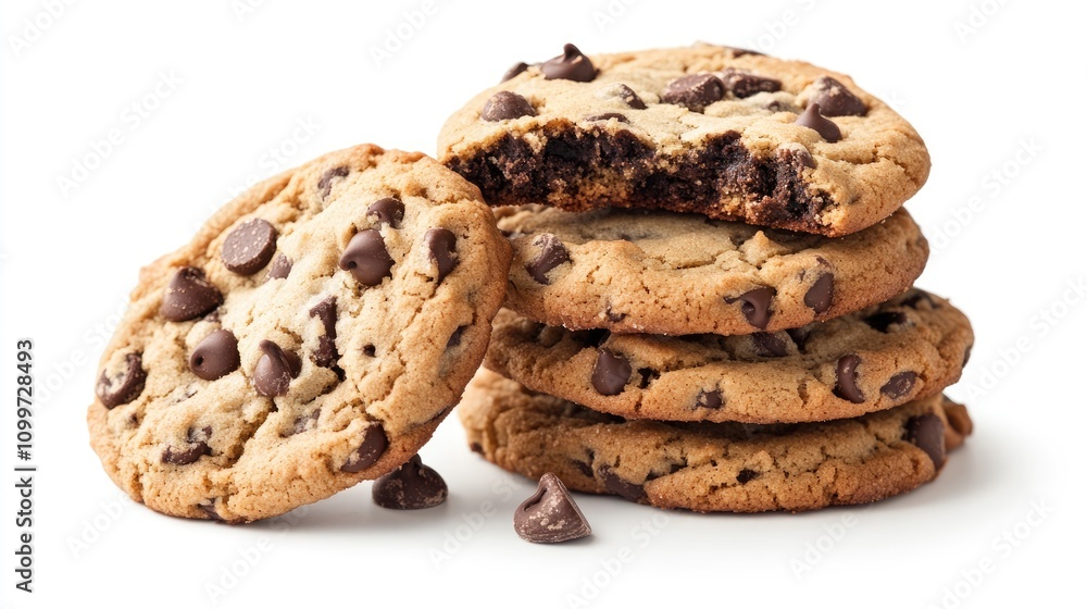 Aufkleber stack of chocolate chip cookies with one partially eaten set against a white background a delightful