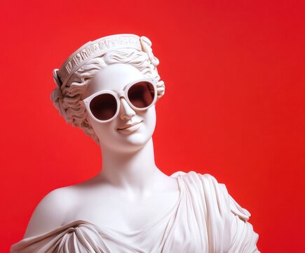 greek woman plaster statue smiling, wears sunglasses red gradient background