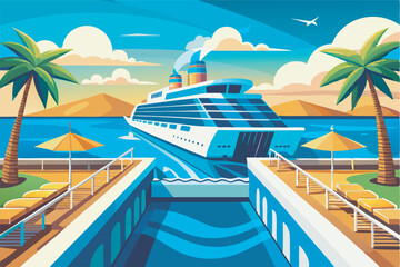Fototapeta premium A serene image of a colorful cruise ship sailing in tropical waters, surrounded by palm trees, yellow umbrellas, and a mountain backdrop. Relaxing and luxurious ambiance captured.