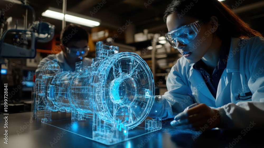 Poster engineers inspecting holographic turbine model in lab setting, showcasing advanced technology and te