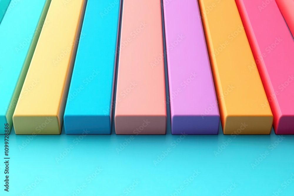 Poster a colorful arrangement of rectangular bars in vibrant hues, set against a soft blue background, crea