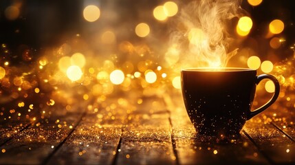 Obraz premium Black coffee mug emitting golden smoke on a dark wood surface Steaming cup set against a dark backdrop with golden lights glittering sparkles and bokeh creating a warm enchanting atmosphere