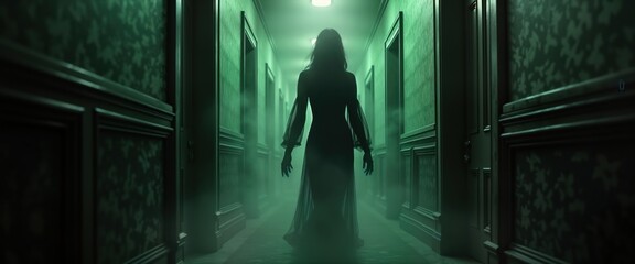 Banshee in whisperthin suit walks haunted house hallway. Spectral figure shrouded in eerie silence. Presence induces awful terror in still hallway. Haunting figure evokes spooky feeling. Spooky