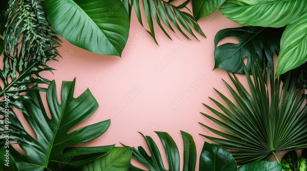 Poster trendy mint colored close up of assorted fresh tropical leaves against a soft pink backdrop design t