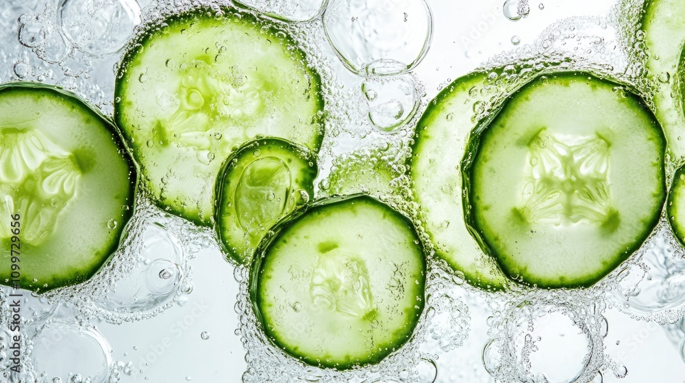 Poster sliced cucumbers immersed in sparkling water against a bright white background showcasing vibrant te