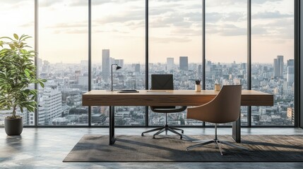 Modern office setup featuring a wooden table and chair against a backdrop of a panoramic city view High quality image