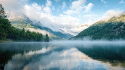 Fototapeta premium Fog begins to lift over the serene mountain lake