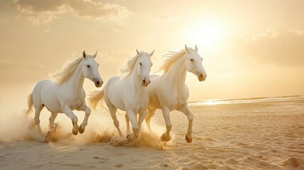 Obraz premium Stunning capture of white horses galloping on a sandy beach under a bright morning sun