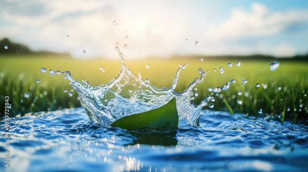 Poster water splash creating a leaf shape in a bright field