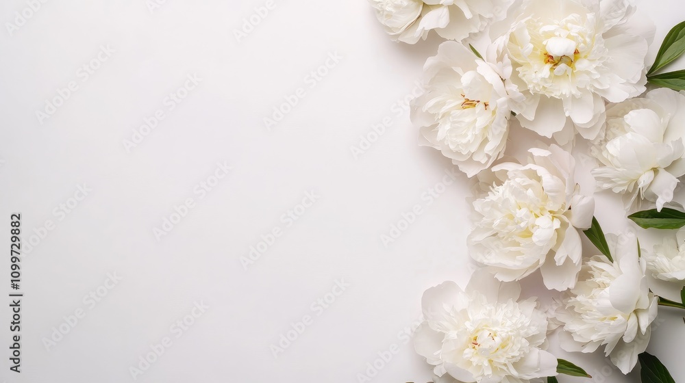 Poster white peony flowers arranged in a minimalistic flat lay border creating ample copy space