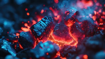 Vibrant red and blue sparks illuminate dark coals capturing the essence of heat and energy