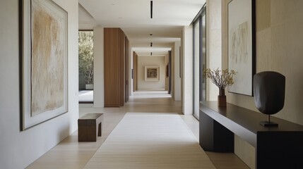 Modern minimalist hallway featuring Scandinavian design natural light materials and contemporary art displayed on the walls