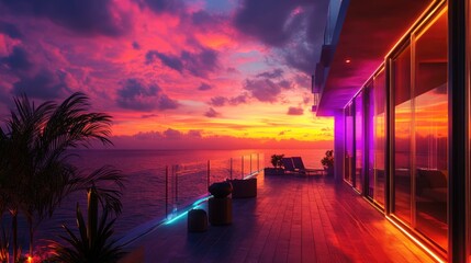 A terrace illuminated by the golden hour light featuring a stunning sunset and vibrant colored lights that create a captivating atmosphere