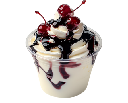 a cup of ice cream with chocolate syrup and cherries