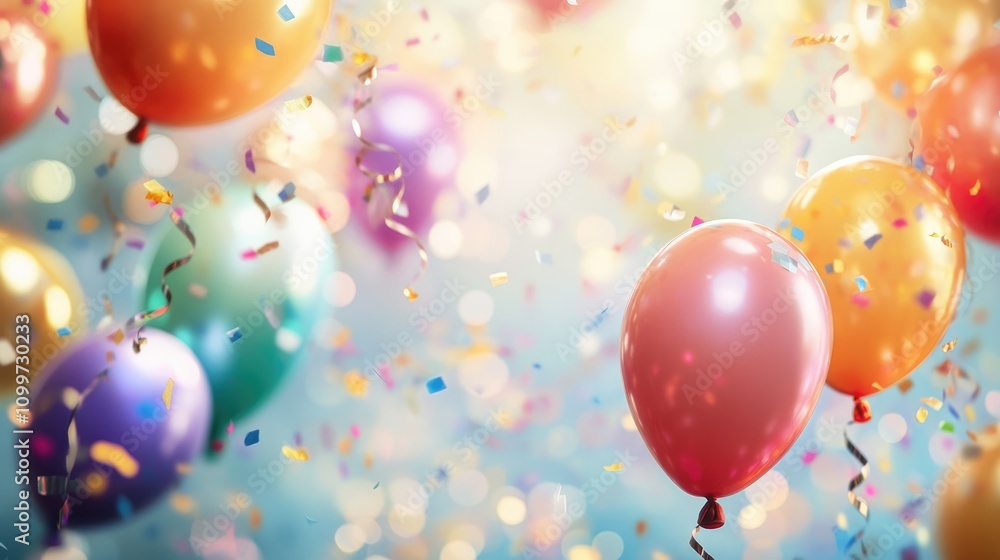 Poster colorful balloons with a bokeh effect and confetti in the background