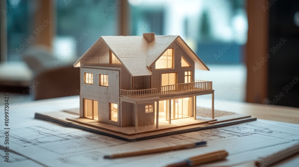 Poster a detailed architectural model of a house is placed on blueprint plans representing the concepts of 