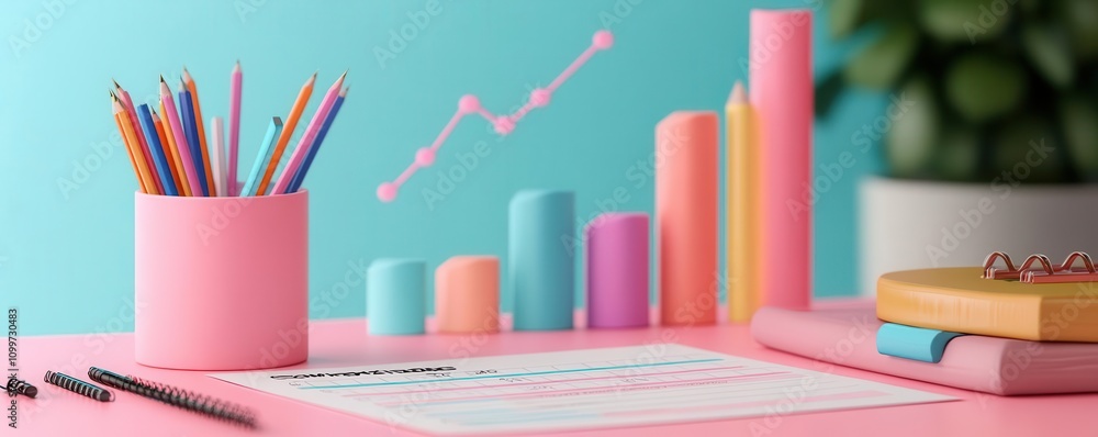 Poster a colorful workspace featuring pencils, charts, and a notebook, creating a vibrant atmosphere for pr