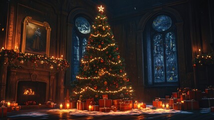 Fototapeta premium Festively decorated Christmas tree at night adorned with candles and surrounded by presents