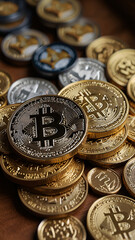 Close-up of stacked golden and silver Bitcoin coins, symbolizing blockchain innovation, digital currency, and financial success in cryptocurrency marketing, fintech visuals, and wealth-themed advertis