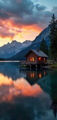 Obraz premium Peaceful lakeside cabin illuminated by sunset glow. Tranquil water reflects vivid colors of sky. Mountains rise behind cabin. Scenic landscape evokes serenity, relaxation. Stunning beauty of nature