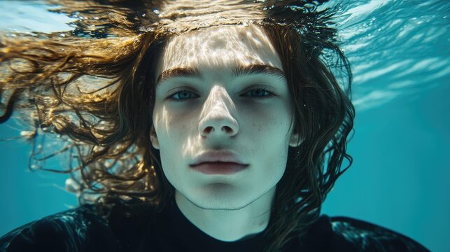 Androgynous young individual with long hair submerged underwater, gazing intently at the camera amidst shimmering light reflections.