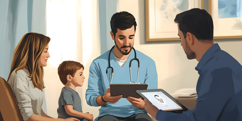 Obraz premium Doctor Consultation: A doctor shows a family a tablet with information about their child's health, emphasizing the importance of patient-centered care and technology in modern healthcare. 