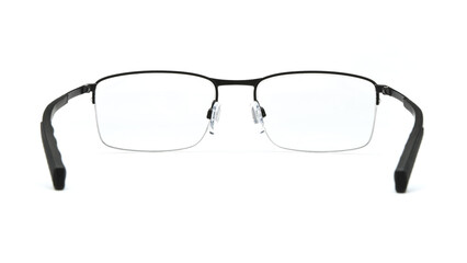 Glasses back view isolated on white background. Black eye glasses rectangle frame with clear...