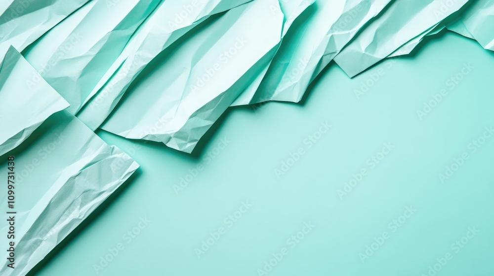 Poster crumpled plain paper sheets arranged diagonally forming a line partition trendy mint colored abstrac