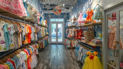 A vibrant children's boutique filled with colorful dresses, playful patterns, and charming accessories. The cozy interior features wooden floors, whimsical decor, and cheerful lighting for a delightfu