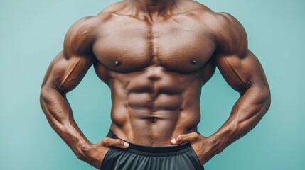Fitness model showcasing a well defined torso with prominent abdominal muscles against a plain backdrop