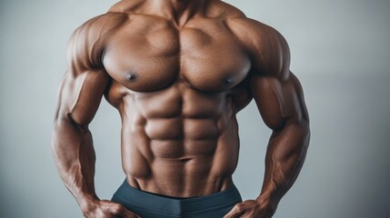 Fitness model showcasing a well defined torso with prominent abdominal muscles against a plain backdrop