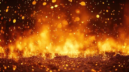 Obraz premium Molten metal pouring in a foundry with bright sparks and glimmering particles lighting up an industrial workshop environment.