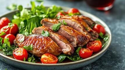 Roasted duck served with cherry tomatoes and a red wine marinated salad on a plate