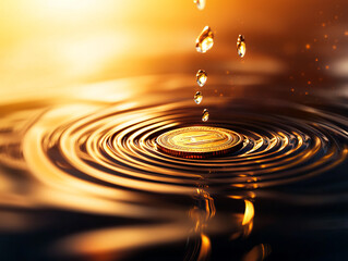 coin creating ripples in water with golden reflections and droplets