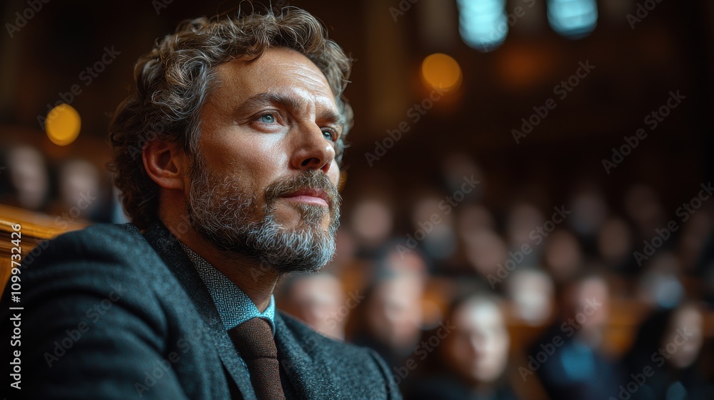 Poster thoughtful man attending an event in a historic building with a captivated audience around him
