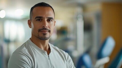 Obraz premium Physical therapist in a gym setting, confidently posing with arms crossed, showcasing a professional demeanor and a well-maintained appearance.