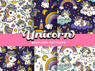 Baby cute children patterns magical unicorns rainbows clouds stars magic skies