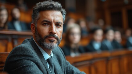 Fototapeta premium Professional man with beard sits quietly in courtroom observing proceedings during important legal case