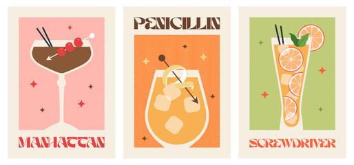 Poster drink set. Cocktail arts. Retro posters with alcohol cocktails. Manhattan. Penicillin. Screwdrivers. 90s 80s 70s groovy posters. Modern trendy print. Drink with fruit and ice.