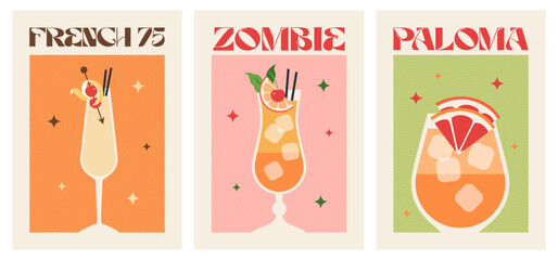 Poster drink set. Cocktail arts. Retro posters with alcohol cocktails. Zombie. French 75. Paloma. 90s 80s 70s groovy posters. Modern trendy print. Drink with fruit and ice.