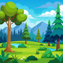 Naklejka premium A vibrant cartoon forest vector illustration with colorful trees and a lively atmosphere, ideal for nature and adventure-themed projects.