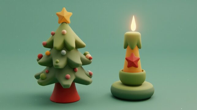 Christmas tree and candles made of colored clay, simple design, simple background, cute style, colored clay model, solid color, green background