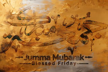 3D Jumma Mubarak calligraphy in Gold on a Golden background, translation blessed Friday, Jumma Mubarak Calligraphy For Social Media Posts Islamic Design