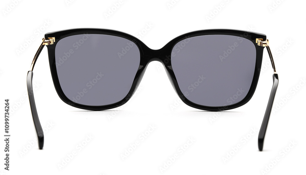 Wall mural Sunglasses back view isolated on white background. Black eyeglasses cat eye frame with blue uv lens against sunlight on vacation. Glasses vintage shape rear view retro style for design template and